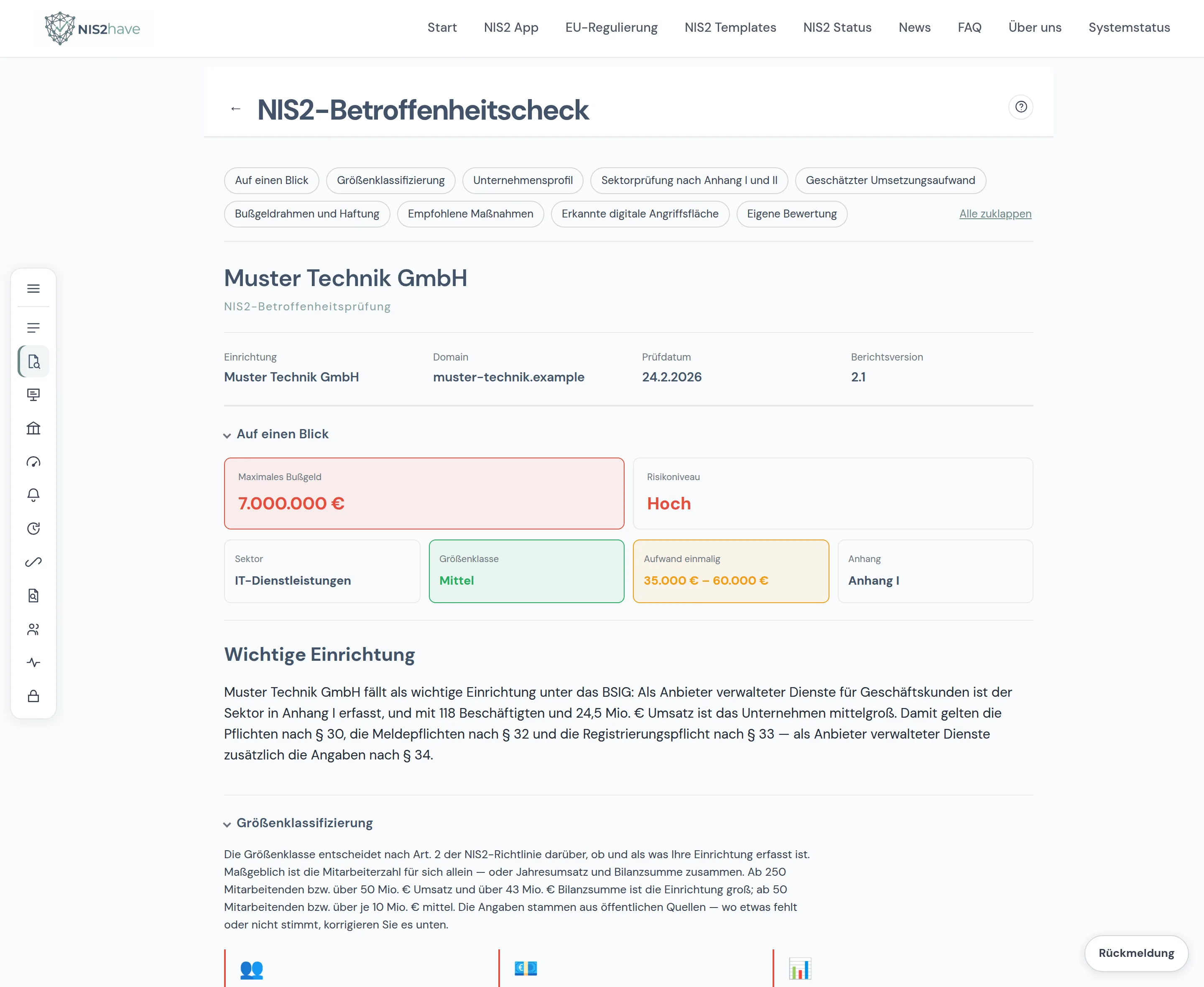 Betroffenheitsbericht der NIS2 App: Einstufung als wichtige Einrichtung, Größenklasse, Bußgeldrahmen und geschätzter Aufwand