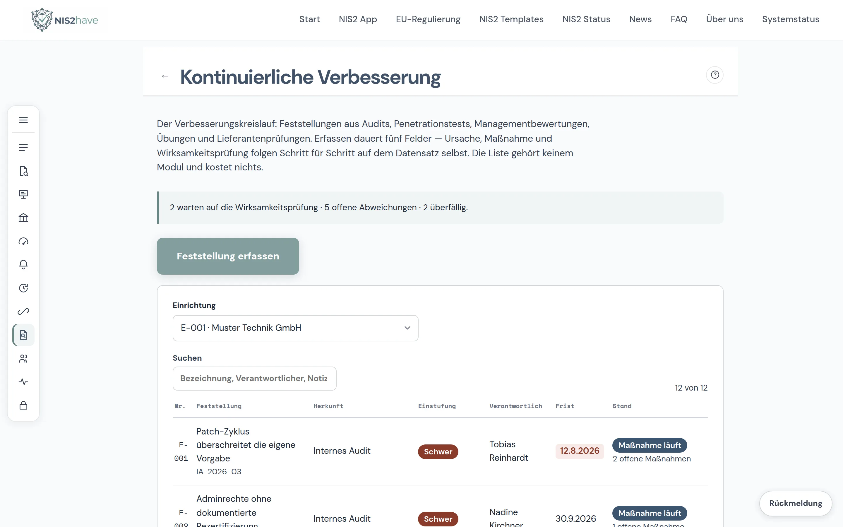 Feststellungsregister der NIS2 App mit Herkunft, Einstufung, Verantwortlichem, Frist und Stand der CAPA-Schleife