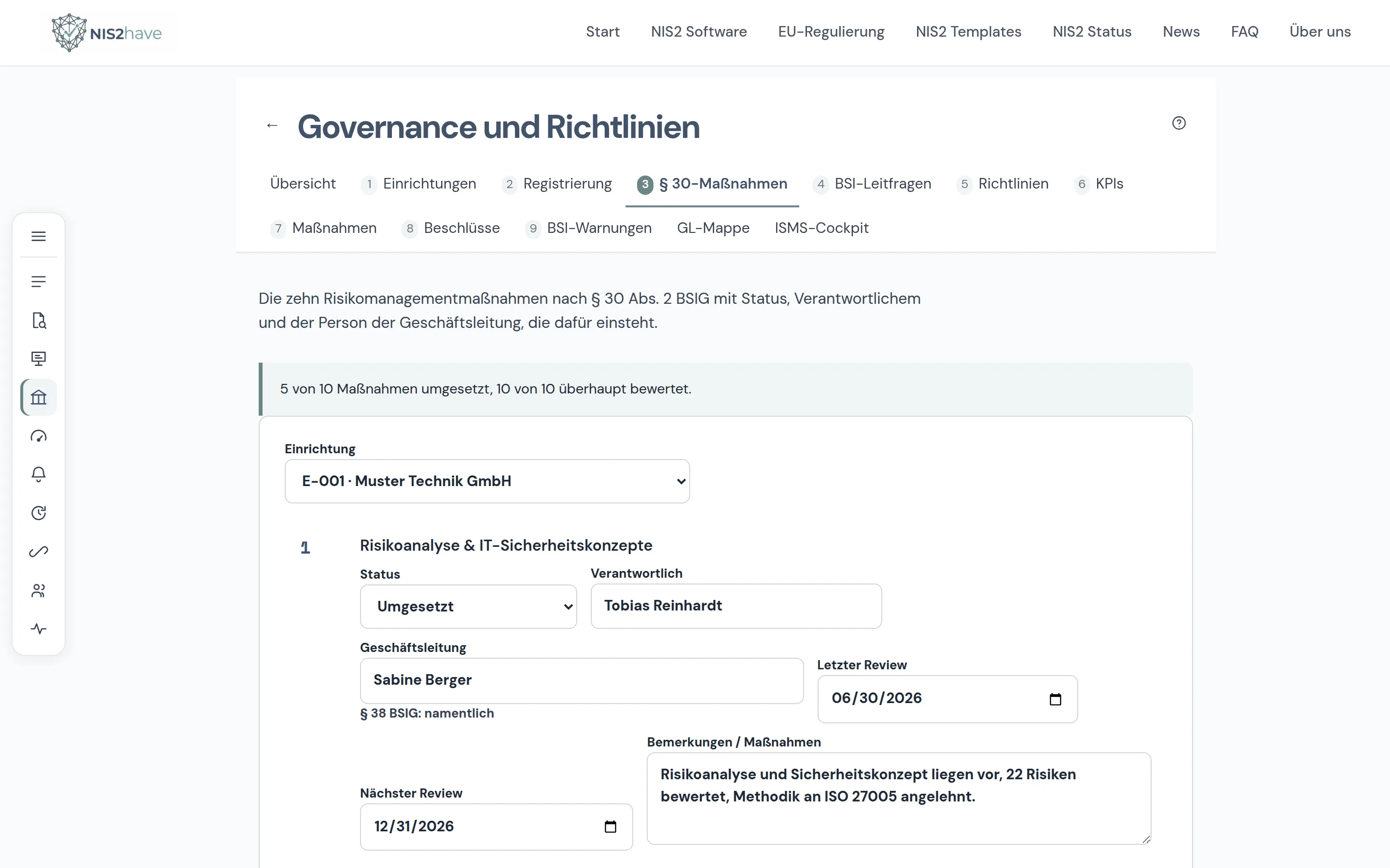 Die zehn Pflichtmaßnahmen nach § 30 Abs. 2 BSIG mit Status und Verantwortlichkeit