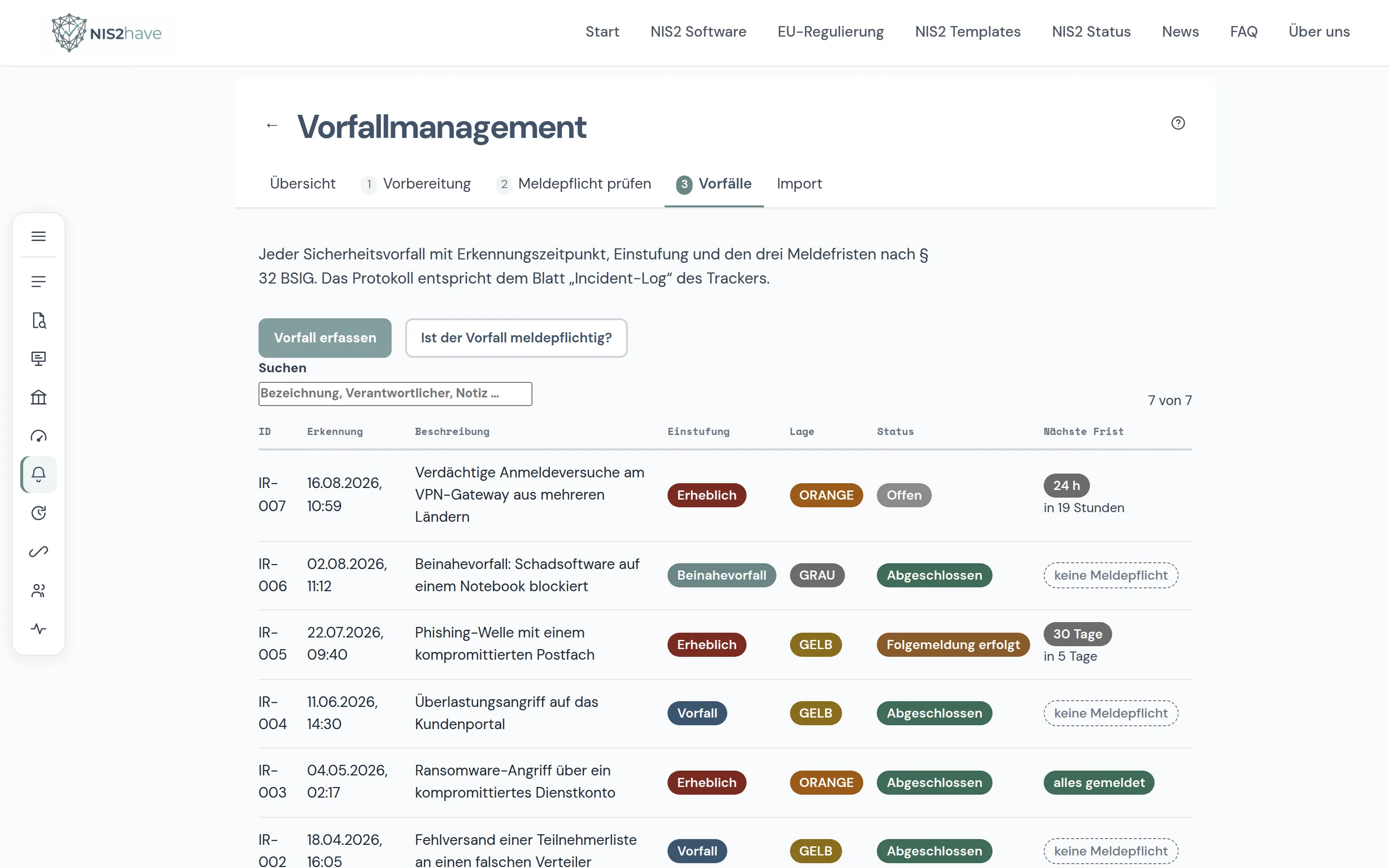 Vorfallregister mit laufender 24-Stunden-Meldefrist nach § 32 BSIG