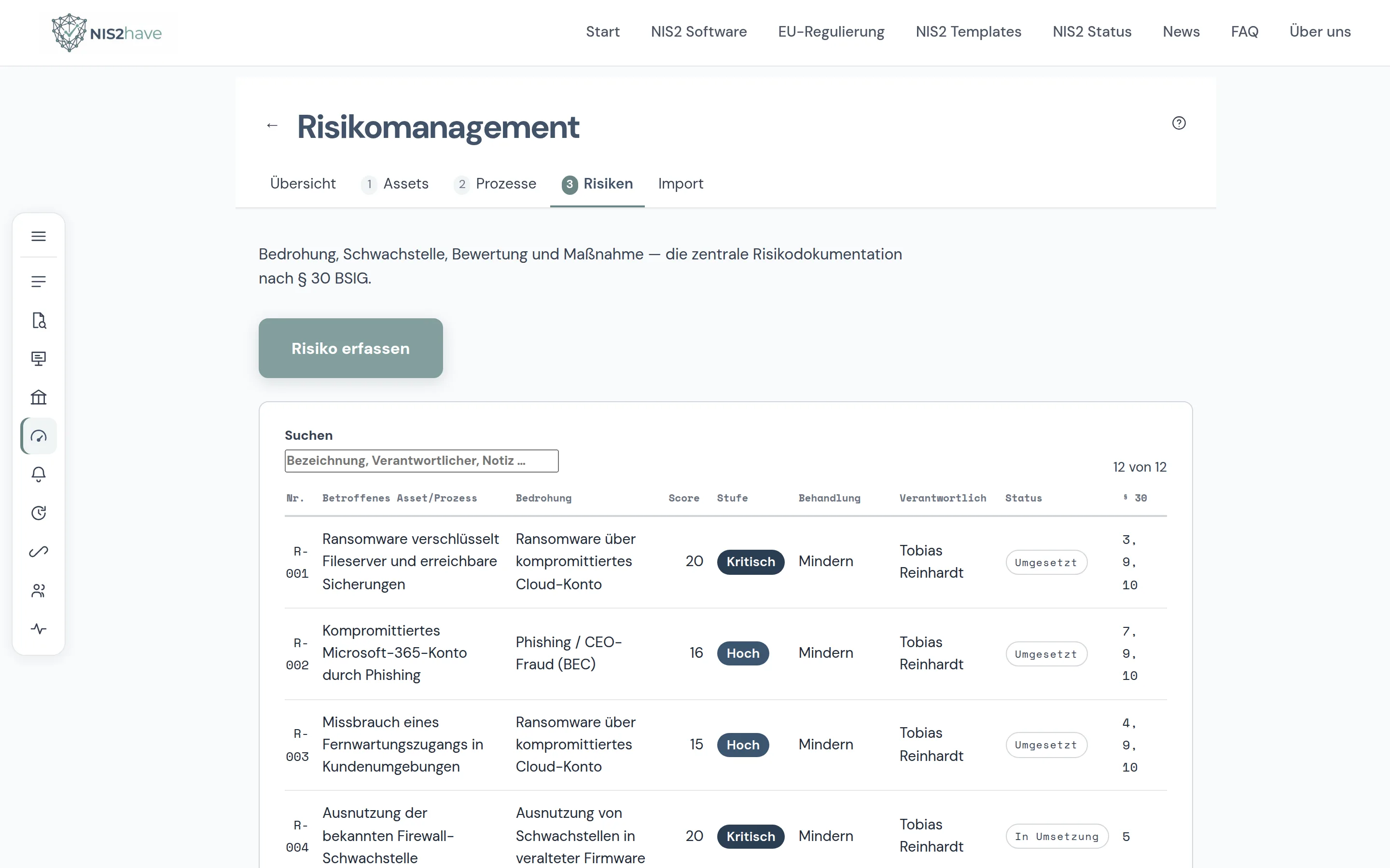Risikoregister der NIS2 App mit Score, Stufe, Behandlung, Verantwortlichem und § 30-Bezug