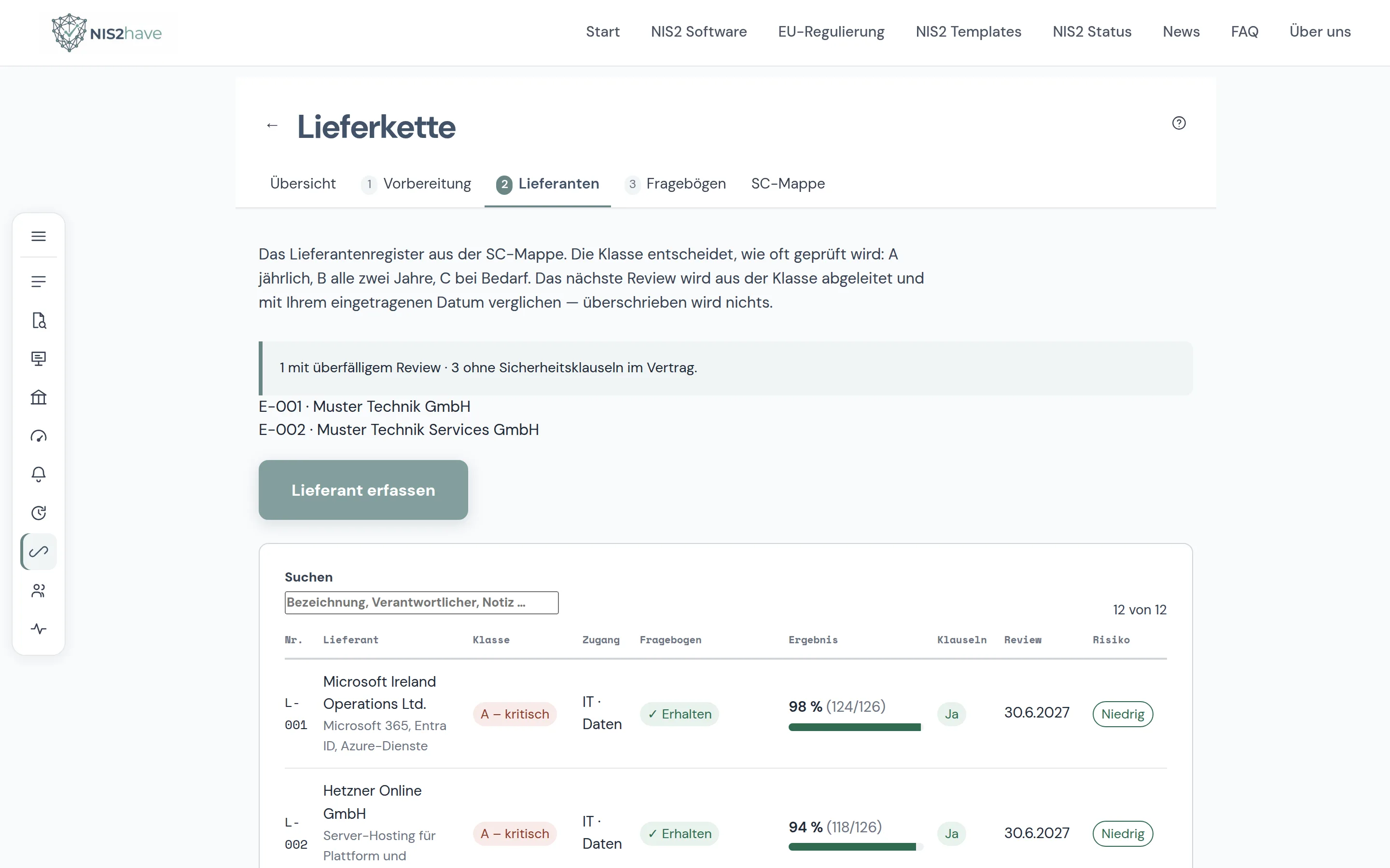 Lieferantenregister mit Klasse, Zugangsart, Fragebogenstand und Bewertung