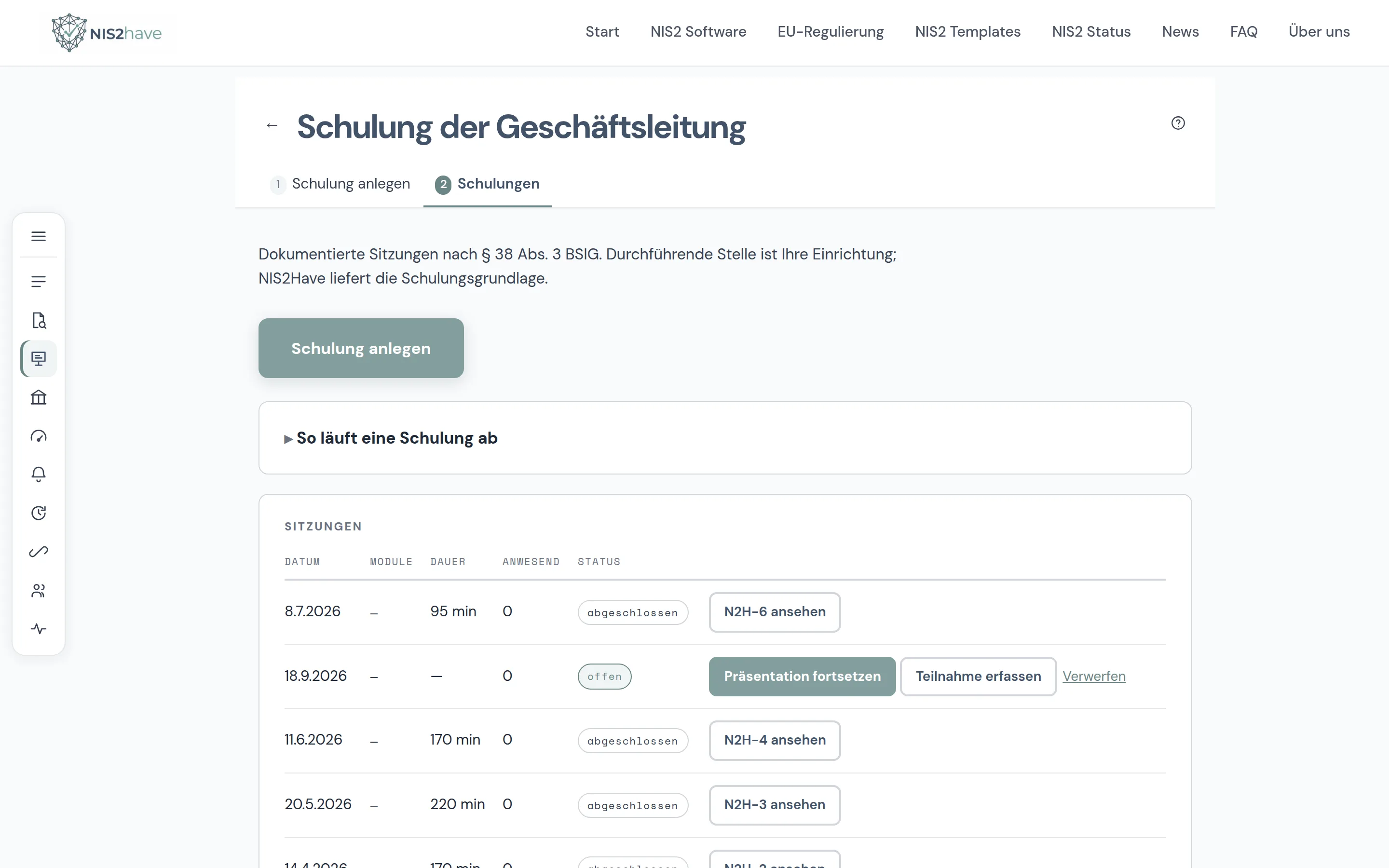 Schulungsnachweis nach § 38 BSIG mit Sitzungen, Dauer und Teilnehmenden